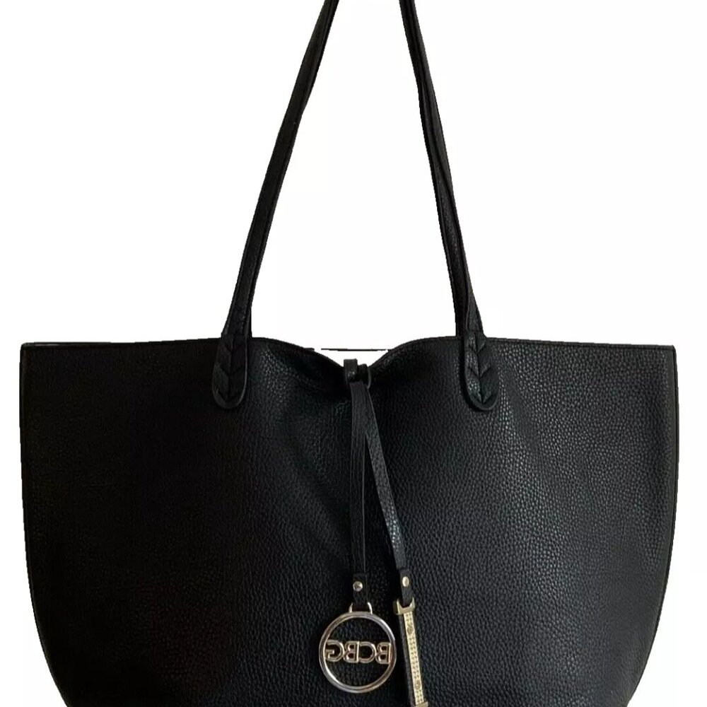 BCBG LARGE SHOULDER TOTE PEBBLED BLACK WITH BAG CHARMS 18" x 12" x 4"
